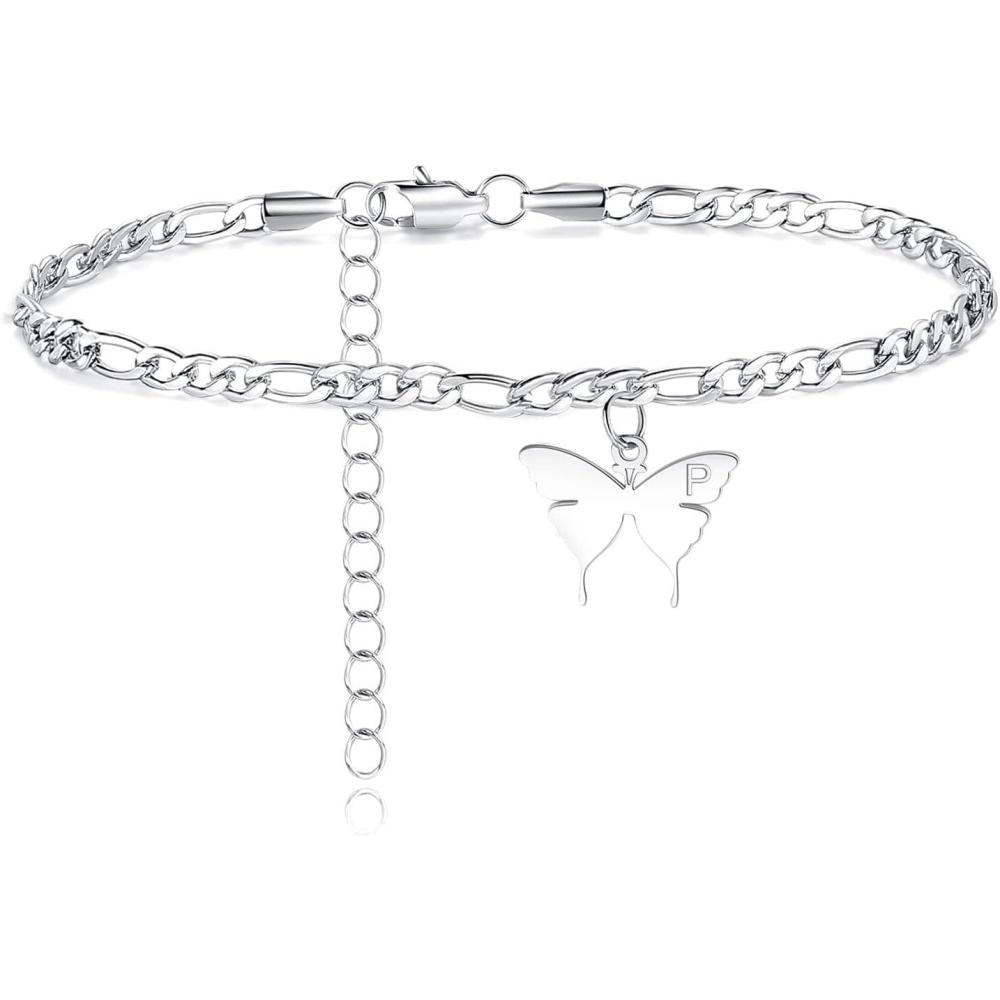 imageTONY ampamp SANDY Ankle Bracelets for Women Initial Butterfly Anklet for Women Stainless Steel Figaro Chain Summer Beach Waterproof Foot Jewelry Gifts GoldSilverP Silver