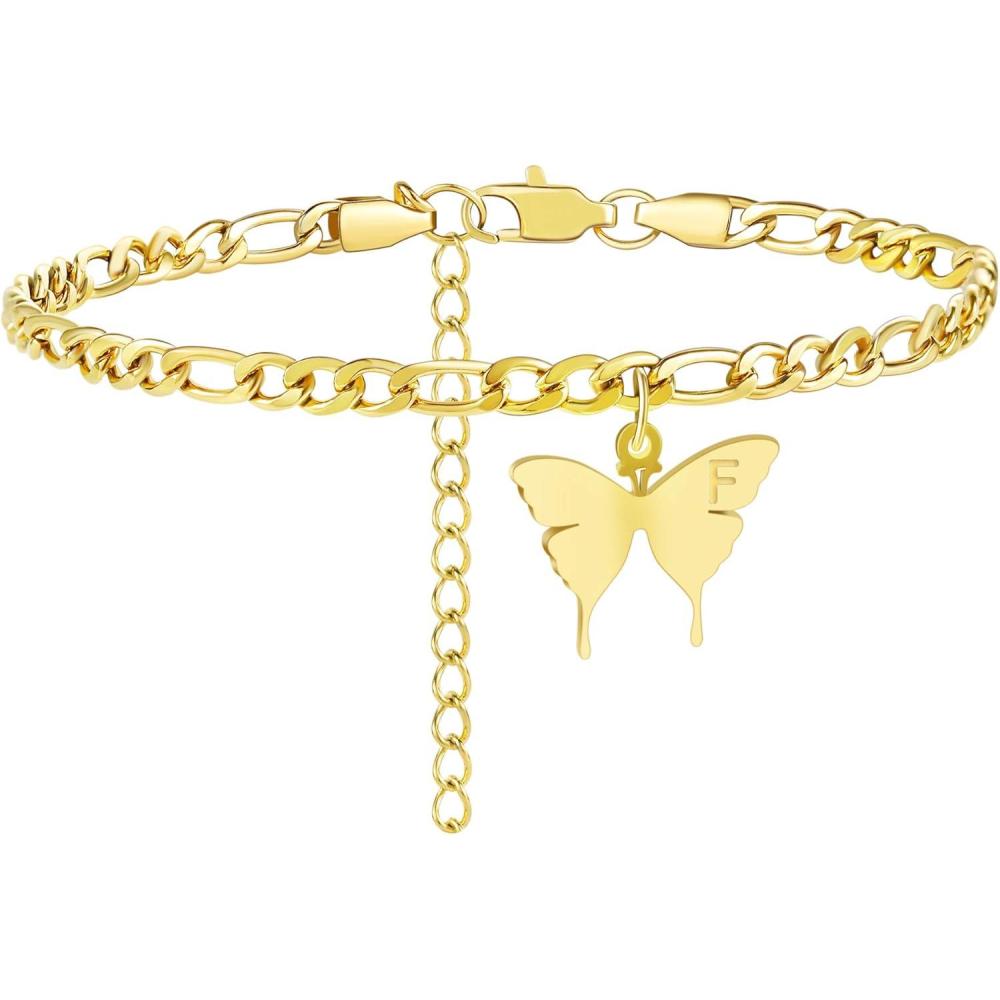 imageTONY ampamp SANDY Ankle Bracelets for Women Initial Butterfly Anklet for Women Stainless Steel Figaro Chain Summer Beach Waterproof Foot Jewelry Gifts GoldSilverF Gold