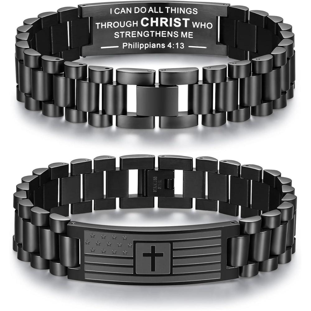 imageTONY ampamp SANDY Christian Gifts for Men Stocking Stuffers for Men Teens Adults American Flag Cross Bracelet Stainless Steel Bible Verse Jewelry Birthday Baptism Christmas Easter GiftsI can do all things