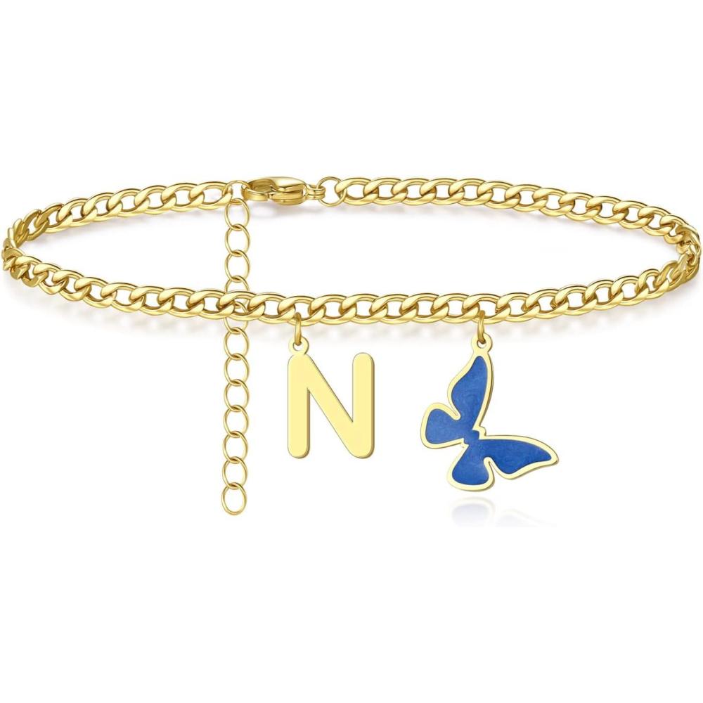 imageTONY ampamp SANDY Initial Anklets Butterfly Ankle Bracelet Stainless Steel Figaro Link Chain Anklet Personalized Adjustable Barefoot Jewelry Gifts for Women Teen Girls Come in Silver and 18K Gold Plated