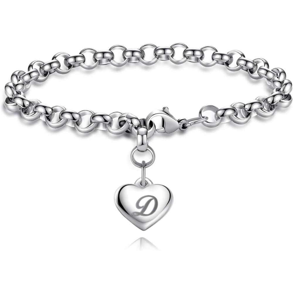 imageTONY ampamp SANDY Initial Charm Bracelets for Girls Women Stainless Steel AZ Bracelet Personalized Gifts Birthday Graduation Easter Christmas Stocking Stuffers for Teens Girls Women JewelryD Heart