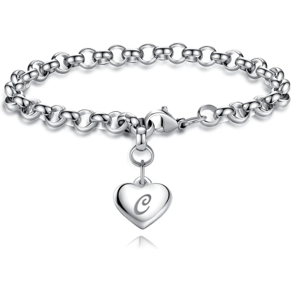 imageTONY ampamp SANDY Initial Charm Bracelets for Girls Women Stainless Steel AZ Bracelet Personalized Gifts Birthday Graduation Easter Christmas Stocking Stuffers for Teens Girls Women JewelryC Heart