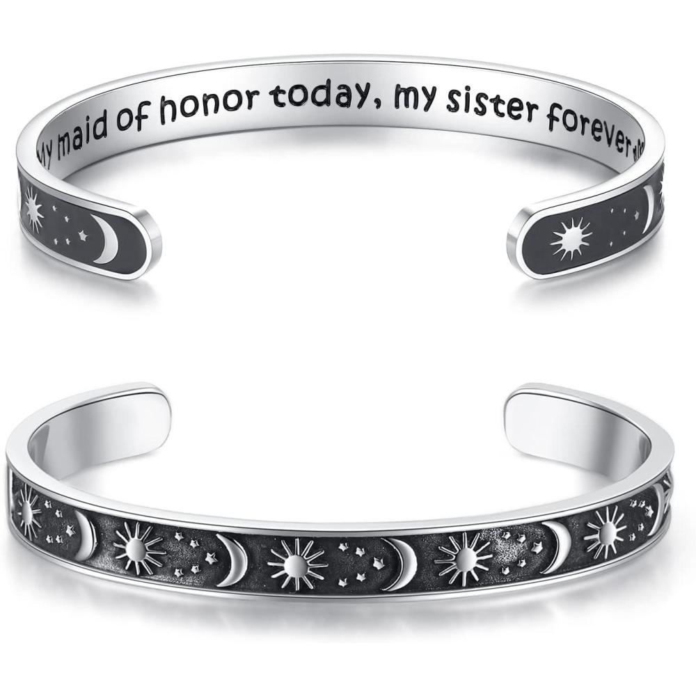 imageTONY ampamp SANDY Inspirational Bracelets for Women Teen Girls Personalized Gifts for Daughter Granddaughter Mom Sister Friends Stainless Steel Engraved Cuff Birthday Easter ChristmasWedding Gifts Sun Moon My maid of honor today my sister forever