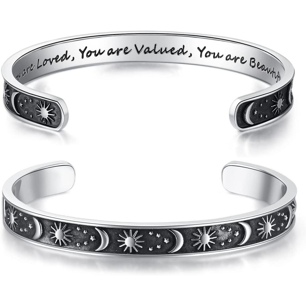 imageTONY ampamp SANDY Inspirational Bracelets for Women Teen Girls Personalized Gifts for Daughter Granddaughter Mom Sister Friends Stainless Steel Engraved Cuff Birthday Easter ChristmasA Sun Moon You are loved you are valued you are beautiful