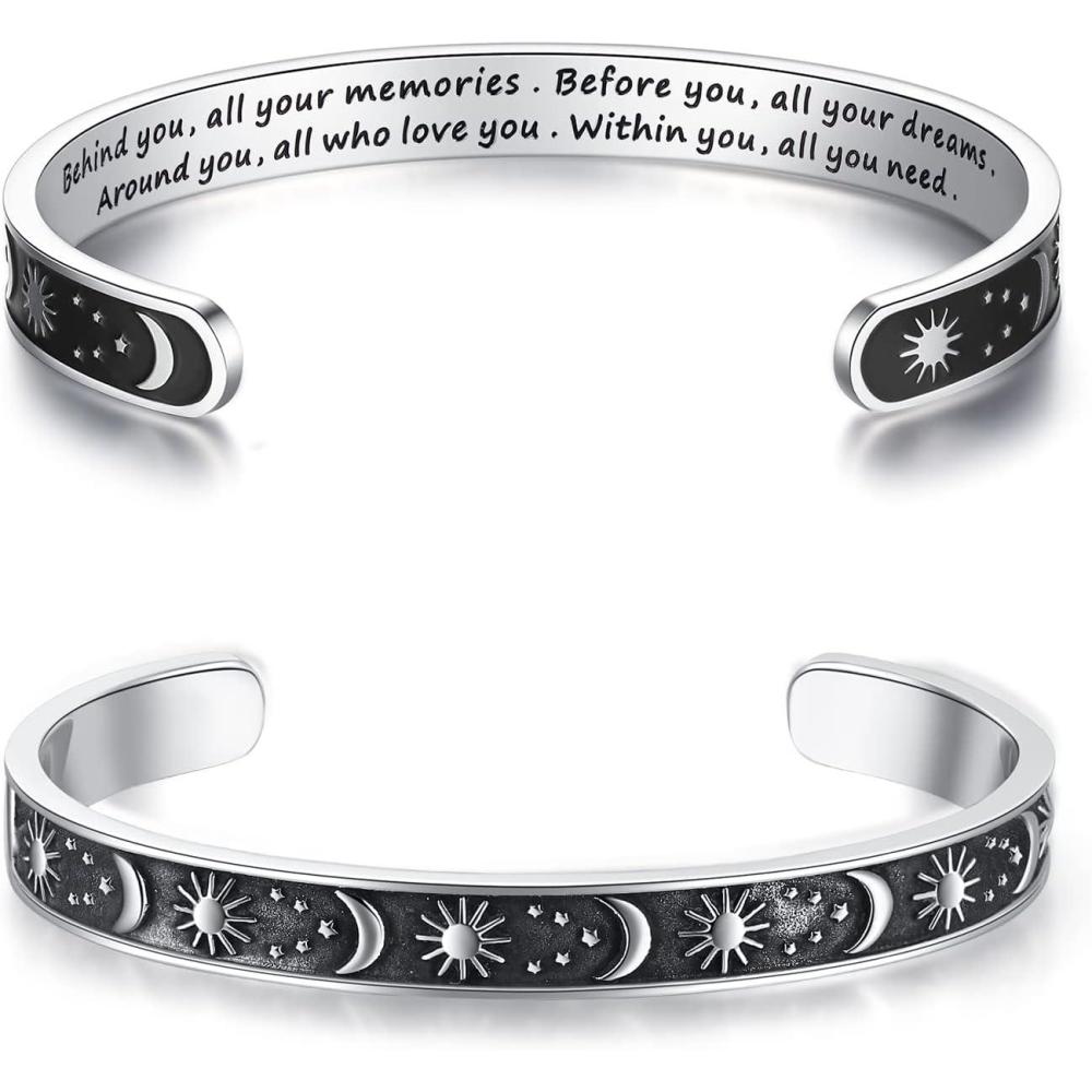 imageTONY ampamp SANDY Inspirational Bracelets for Women Teen Girls Personalized Gifts for Daughter Granddaughter Mom Sister Friends Stainless Steel Engraved Cuff Birthday Easter ChristmasA Graduation Gifts Sun Moon Behind you all your memories Before you all your dreams