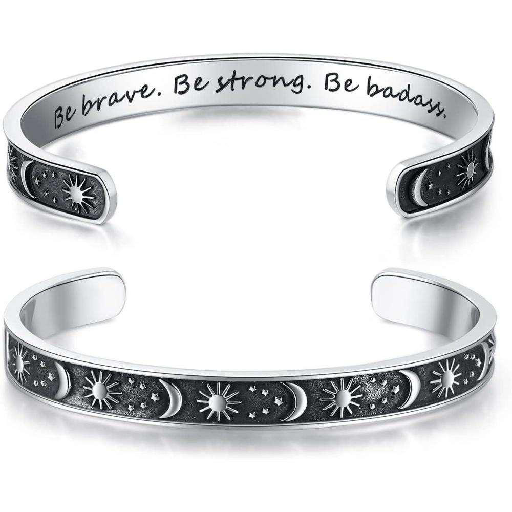 imageTONY ampamp SANDY Inspirational Bracelets for Women Teen Girls Personalized Gifts for Daughter Granddaughter Mom Sister Friends Stainless Steel Engraved Cuff Birthday Easter ChristmasA Sun Moon Be brave be strong be badass