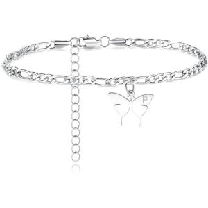 TONY & SANDY Ankle Bracelets for Women – Initial Butterfly Anklet for Women Stainless Steel Figaro Chain Summer Beach Waterproof Foot Jewelry Gifts, Gold/Silver(P – Silver)