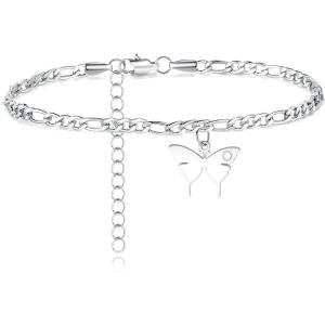TONY & SANDY Ankle Bracelets for Women – Initial Butterfly Anklet for Women Stainless Steel Figaro Chain Summer Beach Waterproof Foot Jewelry Gifts, Gold/Silver(O – Silver)