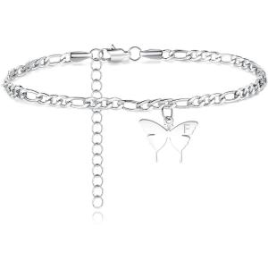 TONY & SANDY Ankle Bracelets for Women – Initial Butterfly Anklet for Women Stainless Steel Figaro Chain Summer Beach Waterproof Foot Jewelry Gifts, Gold/Silver(F – Silver)