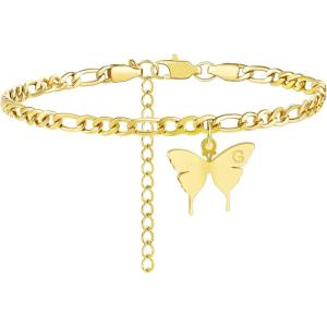 TONY & SANDY Ankle Bracelets for Women – Initial Butterfly Anklet for Women Stainless Steel Figaro Chain Summer Beach Waterproof Foot Jewelry Gifts, Gold/Silver(G – Gold)