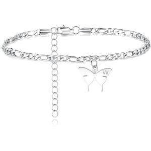 TONY & SANDY Ankle Bracelets for Women – Initial Butterfly Anklet for Women Stainless Steel Figaro Chain Summer Beach Waterproof Foot Jewelry Gifts, Gold/Silver(W – Silver)