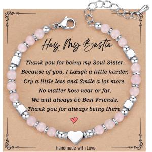 TONY & SANDY Bestie Gifts for Women, Stocking Stuffers for Women, Best Friend Friendship Gifts for Woman, Dainty Beaded Bracelets for Best Friend Bestie Soul Sister BFF(Rose Quartz)