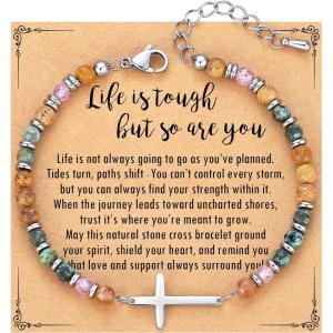 TONY & SANDY Christian Cross Bracelet for Women, Valentine’s Day Gifts for Her, Confirmation Baptism Easter Gifts, Unique Gift for Friends Daughter Mom Sister in Christ Birthday Christmas(Life is tough but so are you)
