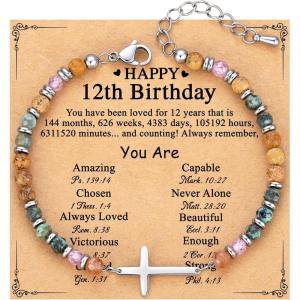 TONY & SANDY Christian Cross Bracelet for Women, Valentine’s Day Gifts for Her, Confirmation Baptism Easter Gifts, Unique Gift for Friends Daughter Mom Sister in Christ Birthday Christmas(Happy 12th)