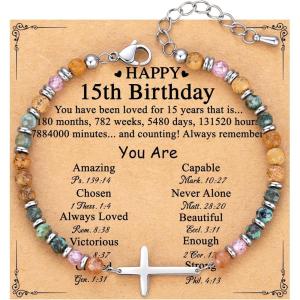 TONY & SANDY Christian Cross Bracelet for Women, Valentine’s Day Gifts for Her, Confirmation Baptism Easter Gifts, Unique Gift for Friends Daughter Mom Sister in Christ Birthday Christmas(Happy 15th)