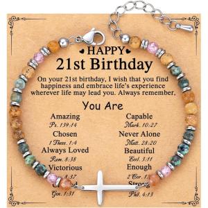TONY & SANDY Christian Cross Bracelet for Women, Valentine’s Day Gifts for Her, Confirmation Baptism Easter Gifts, Unique Gift for Friends Daughter Mom Sister in Christ Birthday Christmas(Happy 21st)