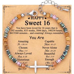 TONY & SANDY Christian Cross Bracelet for Women, Valentine’s Day Gifts for Her, Confirmation Baptism Easter Gifts, Unique Gift for Friends Daughter Mom Sister in Christ Birthday Christmas(Happy 16th)