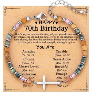 TONY & SANDY Christian Cross Bracelet for Women, Valentine’s Day Gifts for Her, Confirmation Baptism Easter Gifts, Unique Gift for Friends Daughter Mom Sister in Christ Birthday Christmas(Happy 70th)