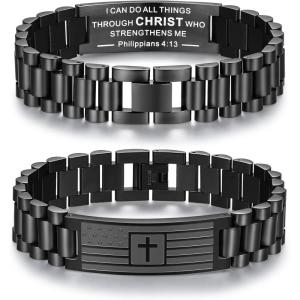 TONY & SANDY Christian Gifts for Men, Stocking Stuffers for Men Teens Adults, American Flag Cross Bracelet, Stainless Steel Bible Verse Jewelry Birthday Baptism Christmas Easter Gifts(I can do all things)