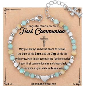 TONY & SANDY Christian Gifts for Women, Religious Cross Bracelet Jewelry, Easter Basket Stuffers for Teens Kids Adults, Faith Confirmation Baptism Christmas Birthday Gifts for Women(First Communion)