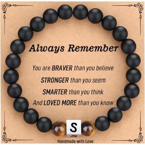 TONY & SANDY Christmas Stocking Stuffers for Teens Kids 2025, Initial Bracelet for Boys Men, Personalized A-Z Letter Natural Stone Black Beads Bracelet Jewelry Valentines Day Gifts for Him(S)