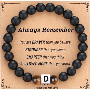 TONY & SANDY Christmas Stocking Stuffers for Teens Kids 2025, Initial Bracelet for Boys Men, Personalized A-Z Letter Natural Stone Black Beads Bracelet Jewelry Valentines Day Gifts for Him(D)
