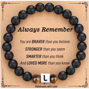 TONY & SANDY Christmas Stocking Stuffers for Teens Kids 2025, Initial Bracelet for Boys Men, Personalized A-Z Letter Natural Stone Black Beads Bracelet Jewelry Valentines Day Gifts for Him(L)