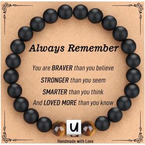 TONY & SANDY Christmas Stocking Stuffers for Teens Kids 2025, Initial Bracelet for Boys Men, Personalized A-Z Letter Natural Stone Black Beads Bracelet Jewelry Valentines Day Gifts for Him(U)