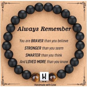 TONY & SANDY Christmas Stocking Stuffers for Teens Kids 2025, Initial Bracelet for Boys Men, Personalized A-Z Letter Natural Stone Black Beads Bracelet Jewelry Valentines Day Gifts for Him(H)