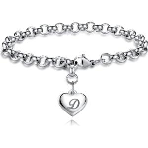 TONY & SANDY Initial Charm Bracelets for Girls Women Stainless Steel A-Z Bracelet Personalized Gifts Birthday Graduation Easter Christmas Stocking Stuffers for Teens Girls Women Jewelry(D – Heart)