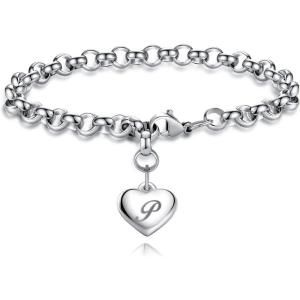 TONY & SANDY Initial Charm Bracelets for Girls Women Stainless Steel A-Z Bracelet Personalized Gifts Birthday Graduation Easter Christmas Stocking Stuffers for Teens Girls Women Jewelry(P – Heart)