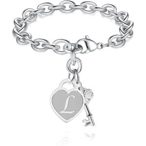 TONY & SANDY Initial Charm Bracelets for Girls Women Stainless Steel A-Z Bracelet Personalized Gifts Birthday Graduation Easter Christmas Stocking Stuffers for Teens Girls Women Jewelry(L)