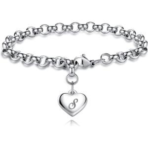 TONY & SANDY Initial Charm Bracelets for Girls Women Stainless Steel A-Z Bracelet Personalized Gifts Birthday Graduation Easter Christmas Stocking Stuffers for Teens Girls Women Jewelry(S – Heart)