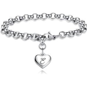 TONY & SANDY Initial Charm Bracelets for Girls Women Stainless Steel A-Z Bracelet Personalized Gifts Birthday Graduation Easter Christmas Stocking Stuffers for Teens Girls Women Jewelry(E – Heart)