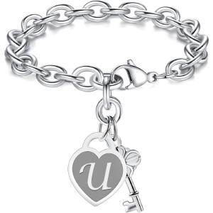 TONY & SANDY Initial Charm Bracelets for Girls Women Stainless Steel A-Z Bracelet Personalized Gifts Birthday Graduation Easter Christmas Stocking Stuffers for Teens Girls Women Jewelry(U – New)