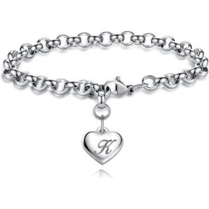 TONY & SANDY Initial Charm Bracelets for Girls Women Stainless Steel A-Z Bracelet Personalized Gifts Birthday Graduation Easter Christmas Stocking Stuffers for Teens Girls Women Jewelry(K – Heart)