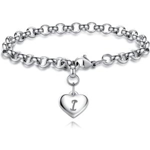 TONY & SANDY Initial Charm Bracelets for Girls Women Stainless Steel A-Z Bracelet Personalized Gifts Birthday Graduation Easter Christmas Stocking Stuffers for Teens Girls Women Jewelry(I – Heart)
