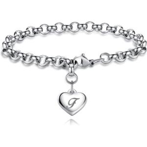 TONY & SANDY Initial Charm Bracelets for Girls Women Stainless Steel A-Z Bracelet Personalized Gifts Birthday Graduation Easter Christmas Stocking Stuffers for Teens Girls Women Jewelry(F – Heart)