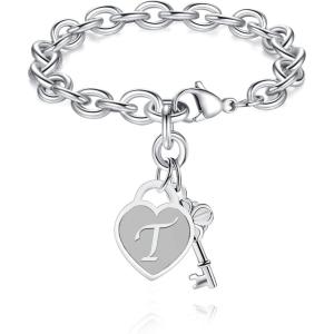 TONY & SANDY Initial Charm Bracelets for Girls Women Stainless Steel A-Z Bracelet Personalized Gifts Birthday Graduation Easter Christmas Stocking Stuffers for Teens Girls Women Jewelry(T)