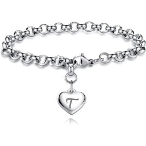 TONY & SANDY Initial Charm Bracelets for Girls Women Stainless Steel A-Z Bracelet Personalized Gifts Birthday Graduation Easter Christmas Stocking Stuffers for Teens Girls Women Jewelry(T – Heart)