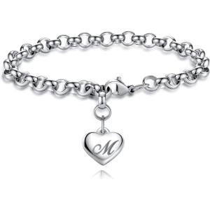 TONY & SANDY Initial Charm Bracelets for Girls Women Stainless Steel A-Z Bracelet Personalized Gifts Birthday Graduation Easter Christmas Stocking Stuffers for Teens Girls Women Jewelry(M – Heart)