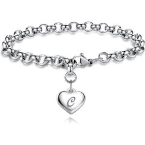 TONY & SANDY Initial Charm Bracelets for Girls Women Stainless Steel A-Z Bracelet Personalized Gifts Birthday Graduation Easter Christmas Stocking Stuffers for Teens Girls Women Jewelry(C – Heart)