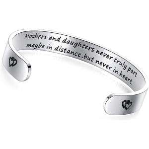 TONY & SANDY Inspirational Bracelets for Women Teen Girls Personalized Gifts for Daughter Granddaughter Mom Sister Friends Stainless Steel Engraved Cuff Birthday Easter Christmas(A – Mom Daughter Gifts – Mothers and daughters never truly part maybe in distance but never in heart)
