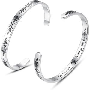 TONY & SANDY Inspirational Bracelets for Women Teen Girls Personalized Gifts for Daughter Granddaughter Mom Sister Friends Stainless Steel Engraved Cuff Birthday Easter Christmas(A – Be brave be strong be badass- Leaf)
