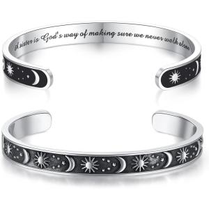 TONY & SANDY Inspirational Bracelets for Women Teen Girls Personalized Gifts for Daughter Granddaughter Mom Sister Friends Stainless Steel Engraved Cuff Birthday Easter Christmas(A – Sister Gifts – Sun & Moon – A sister is god’s way of making sure we never walk alone)