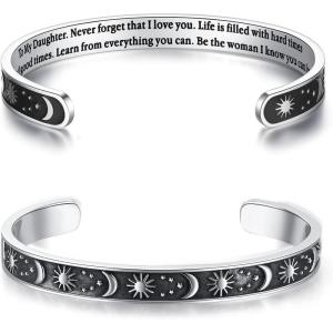 TONY & SANDY Inspirational Bracelets for Women Teen Girls Personalized Gifts for Daughter Granddaughter Mom Sister Friends Stainless Steel Engraved Cuff Birthday Easter Christmas(A – Daughter Gifts – Sun & Moon – Never forget that I love you…)