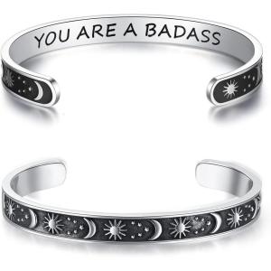 TONY & SANDY Inspirational Bracelets for Women Teen Girls Personalized Gifts for Daughter Granddaughter Mom Sister Friends Stainless Steel Engraved Cuff Birthday Easter Christmas(A – Sun & Moon – You are a badass)