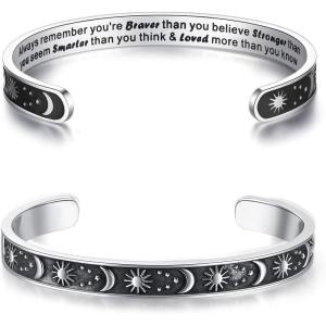 TONY & SANDY Inspirational Bracelets for Women Teen Girls Personalized Gifts for Daughter Granddaughter Mom Sister Friends Stainless Steel Engraved Cuff Birthday Easter Christmas(A – Sun & Moon – Always remember you’re braver than you believe…)