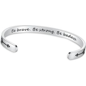 TONY & SANDY Inspirational Bracelets for Women Teen Girls Personalized Gifts for Daughter Granddaughter Mom Sister Friends Stainless Steel Engraved Cuff Birthday Easter Christmas(A – Be brave be strong be badass)