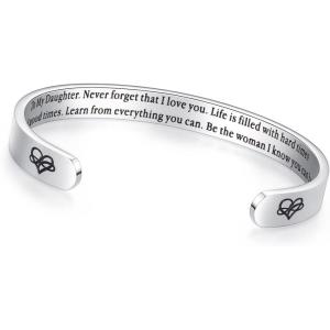 TONY & SANDY Inspirational Bracelets for Women Teen Girls Personalized Gifts for Daughter Granddaughter Mom Sister Friends Stainless Steel Engraved Cuff Birthday Easter Christmas(A – Daughter Gifts – Never forget that I love you…Be the woman I know you can be.)